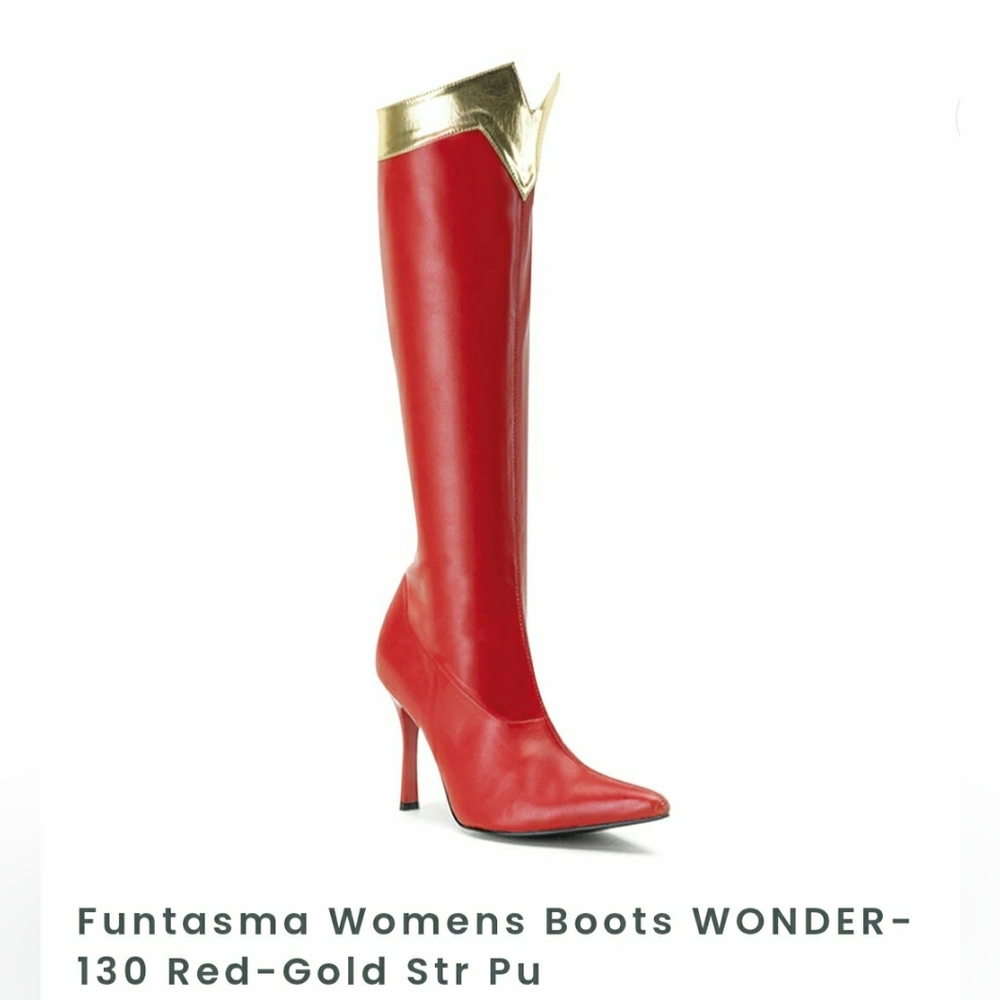 NWT- Women's Size 8, Funtasma Wonder-130, Red & Gold Stretch PU Superhero Boots